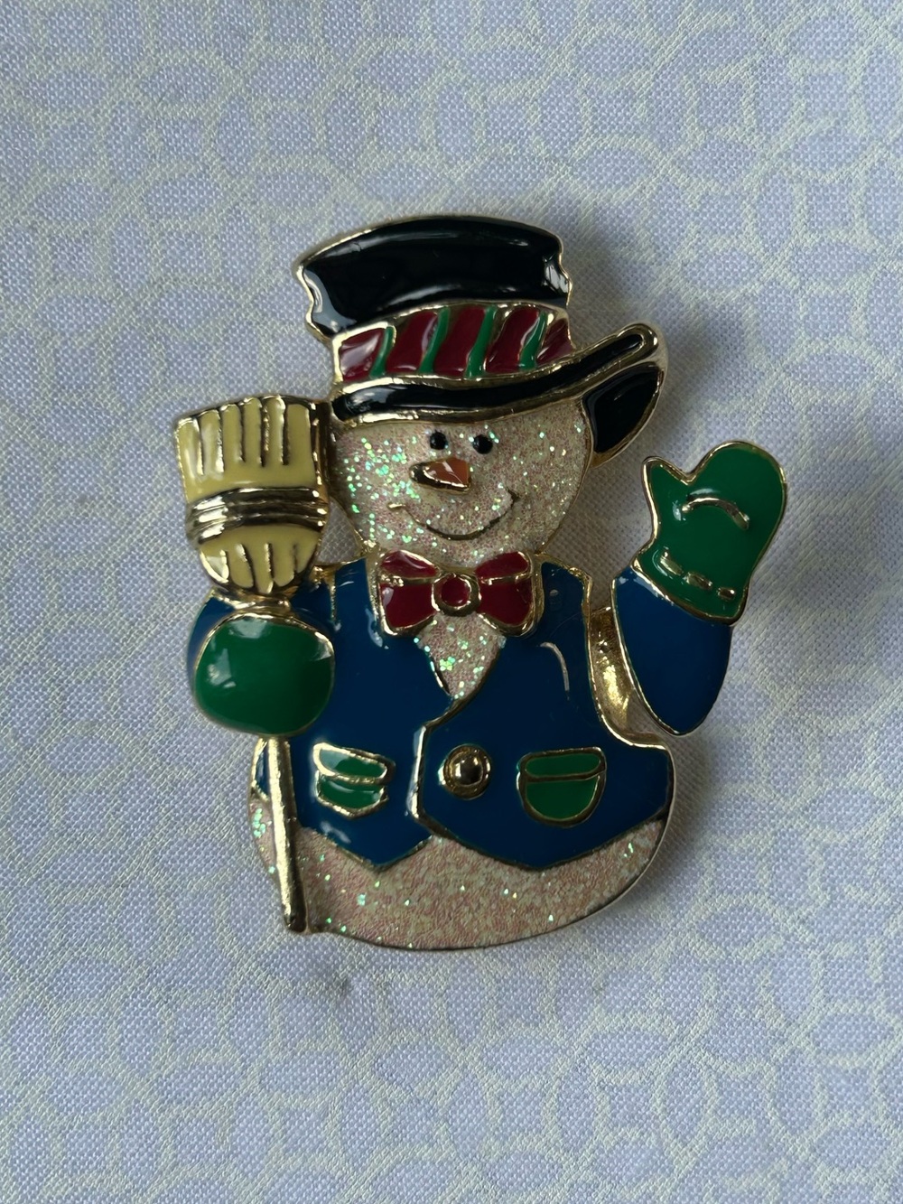 Vintage SFJ Festive Snowman Pin with Broom - Green & Blue Accents